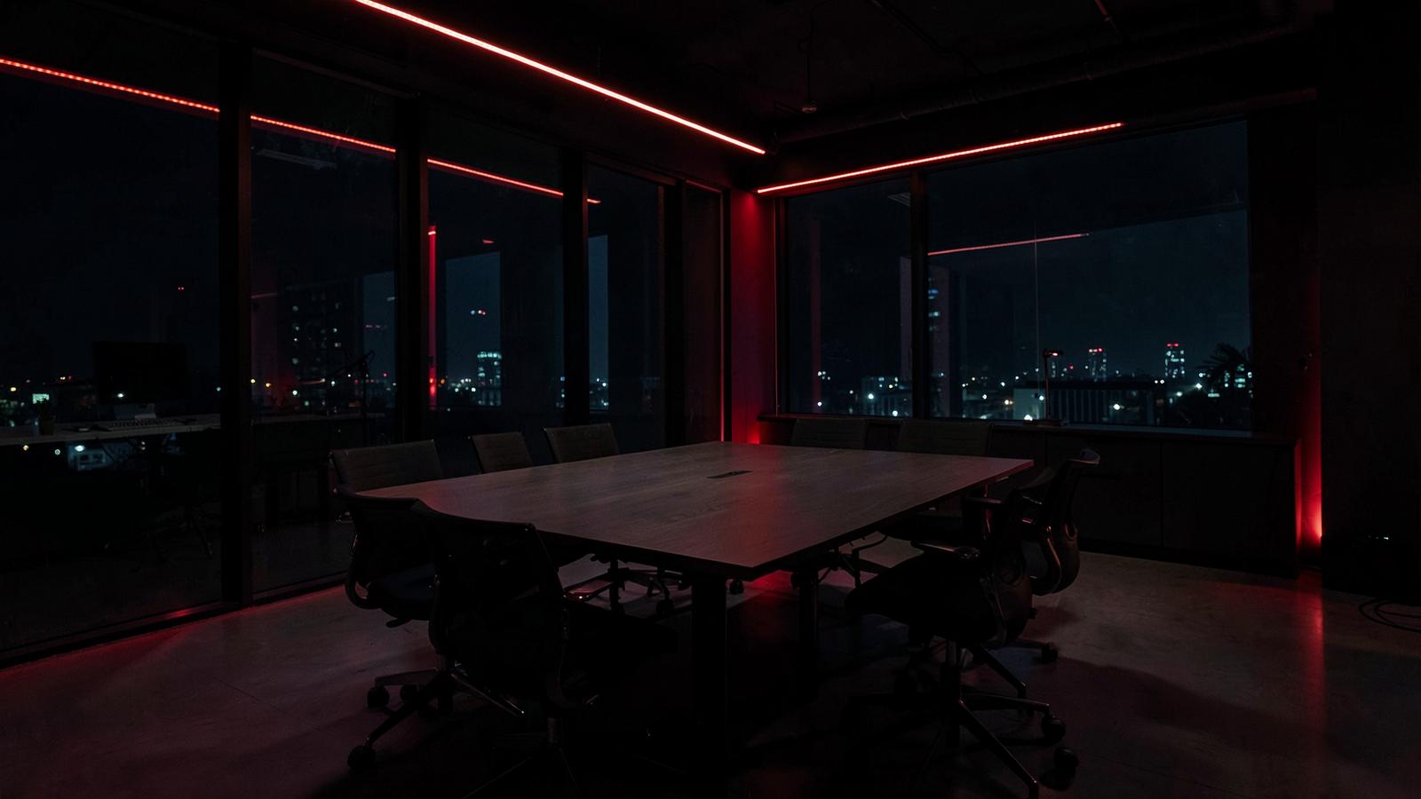 Empty modern agency meeting room at night with red light strips