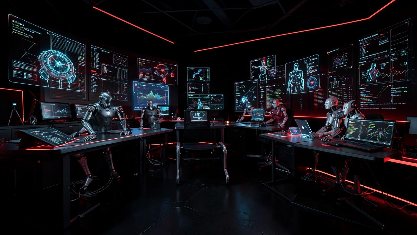 Futuristic dark control room with holographic AI agent interfaces and red accent lighting