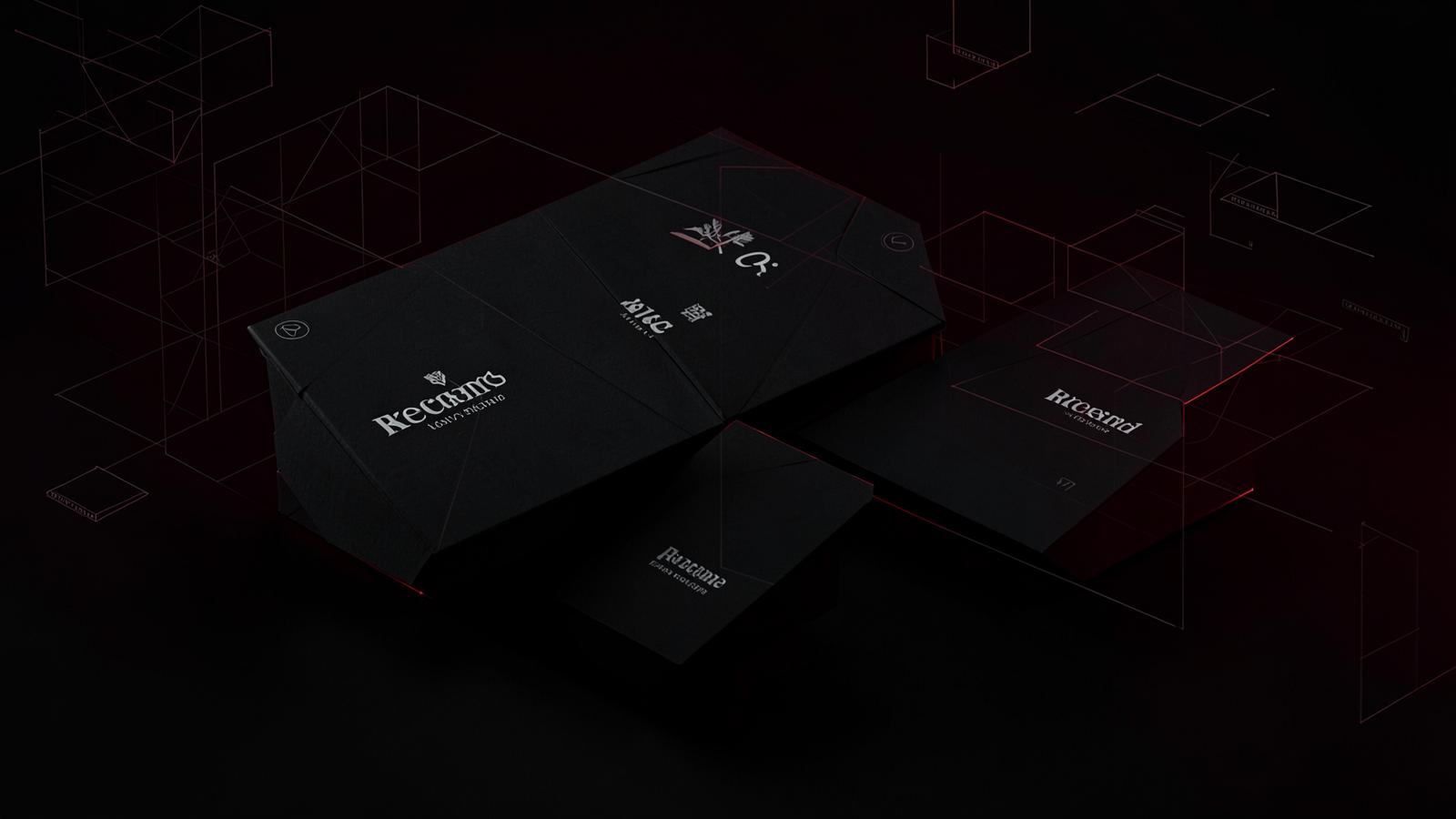 Dark packaging mockups with red wireframe grids over a black surface