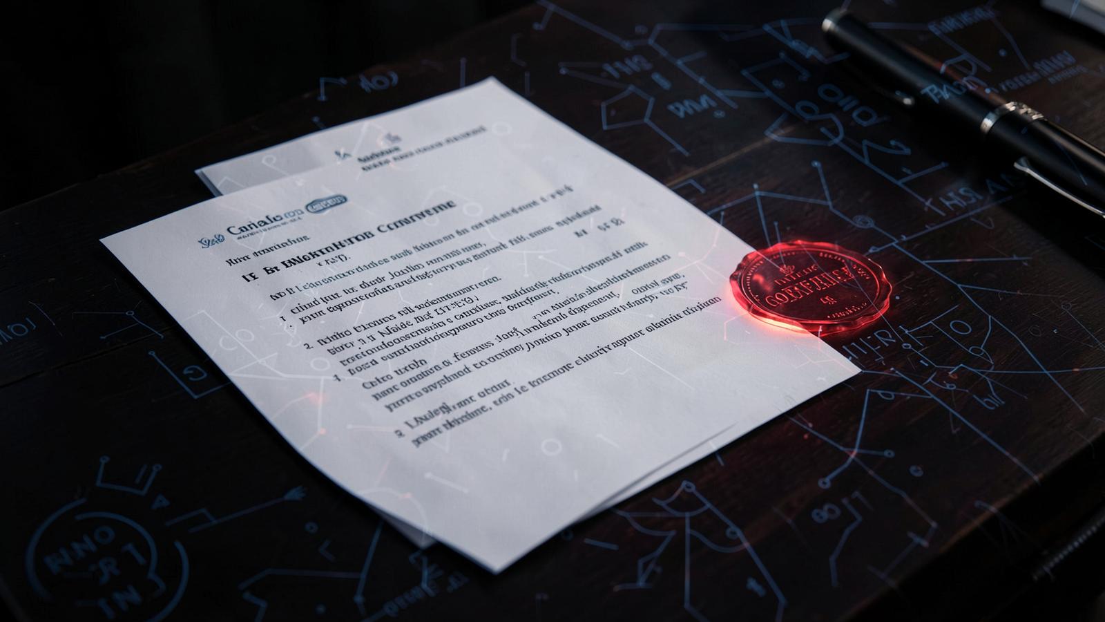 Contract document with a red seal on a dark desk with digital watermark patterns