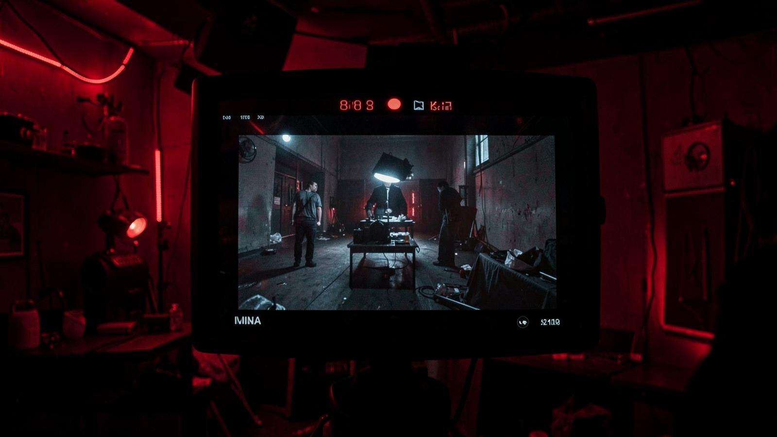 Film set monitor showing footage in a dark room with red practical lights
