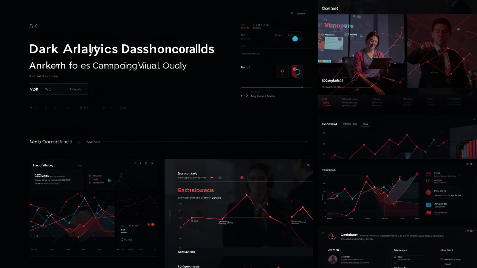 Dark analytics dashboards and campaign visuals with red data lines