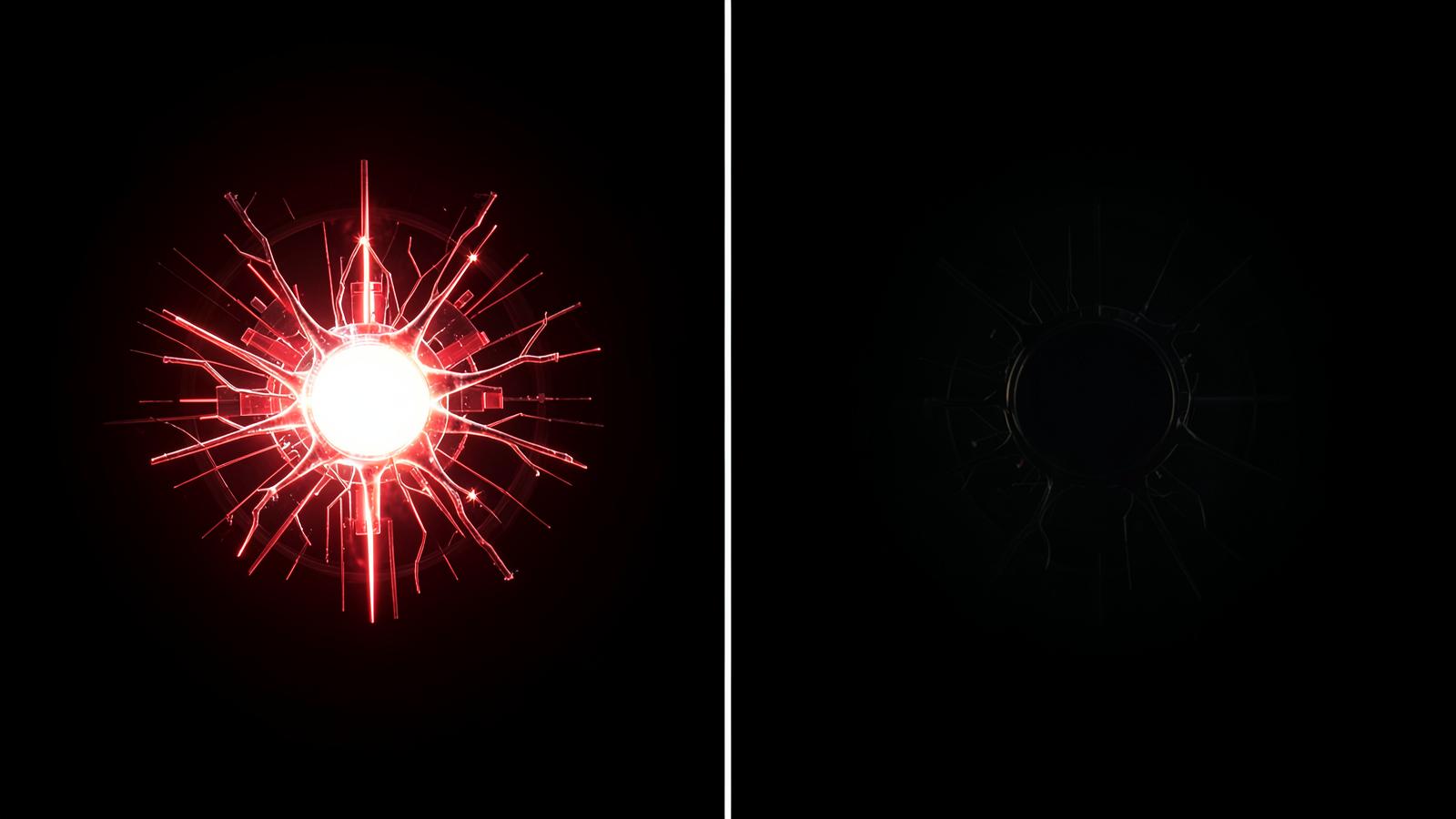 Two glowing AI neural cores compared side by side in red light on black background