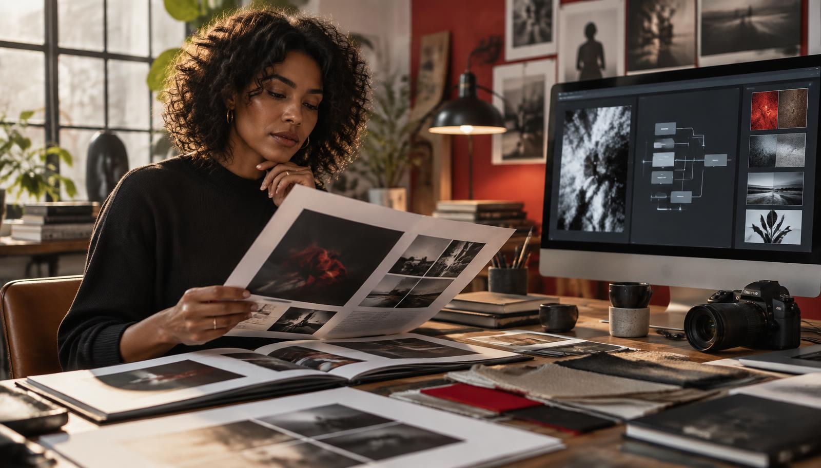 Creative professional reviewing a portfolio beside a digital production workflow in a contemporary studio