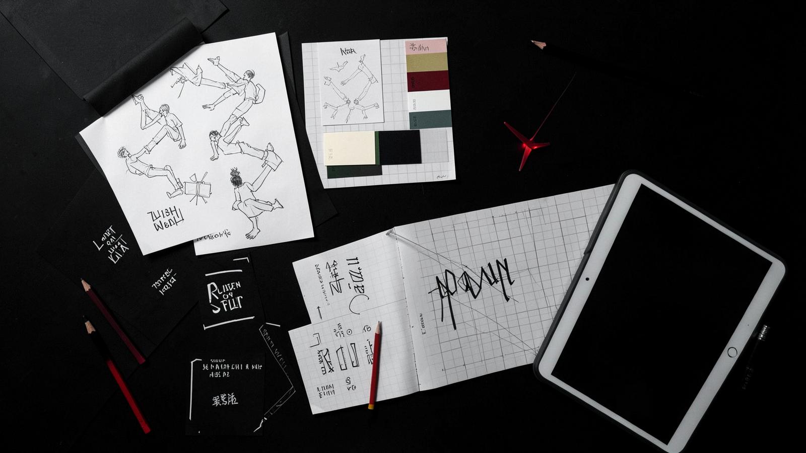 Dark design studio flat lay with sketches, colour swatches and typography samples