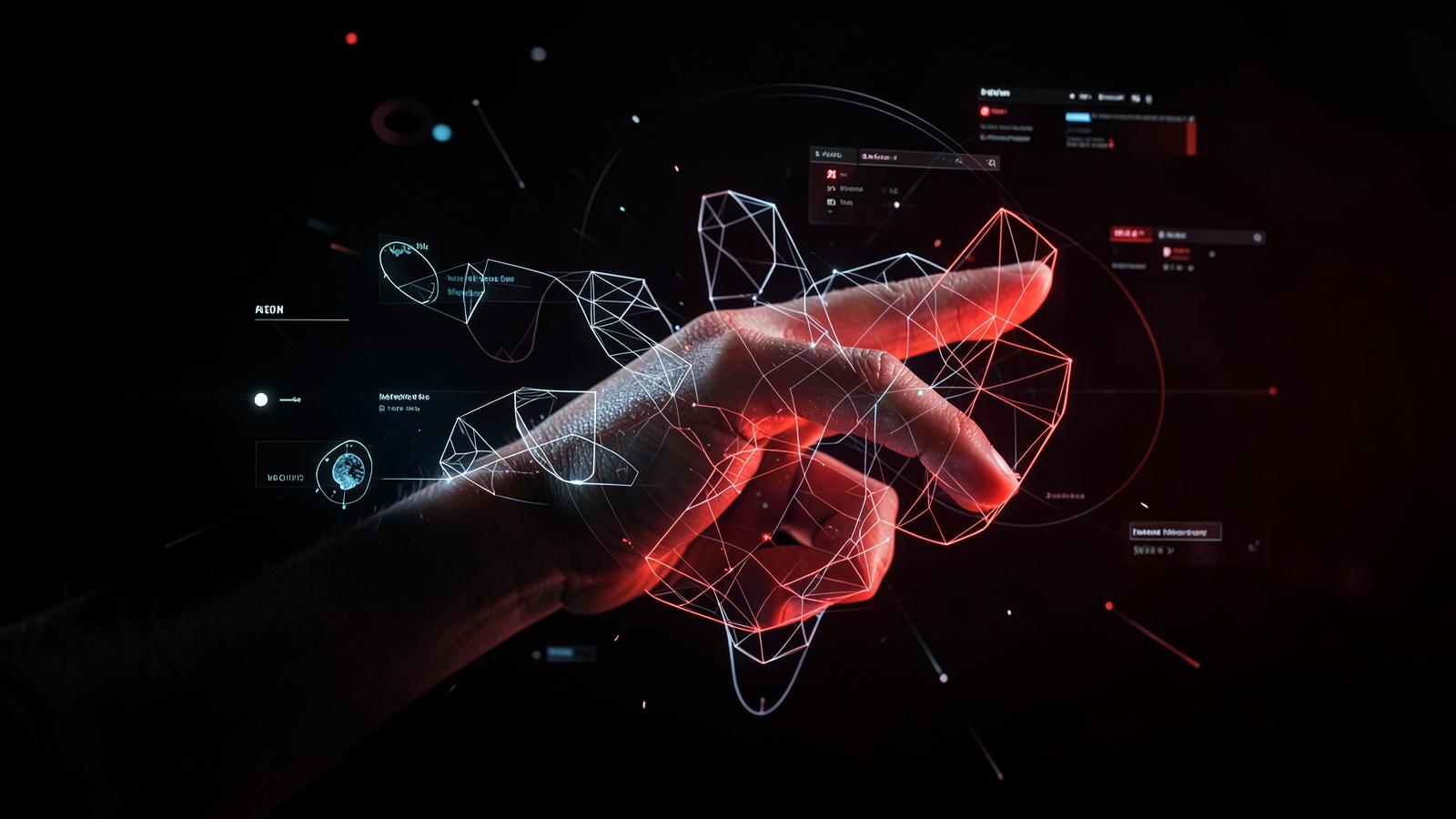 Human hand merging with digital wireframe and generative UI elements on dark background