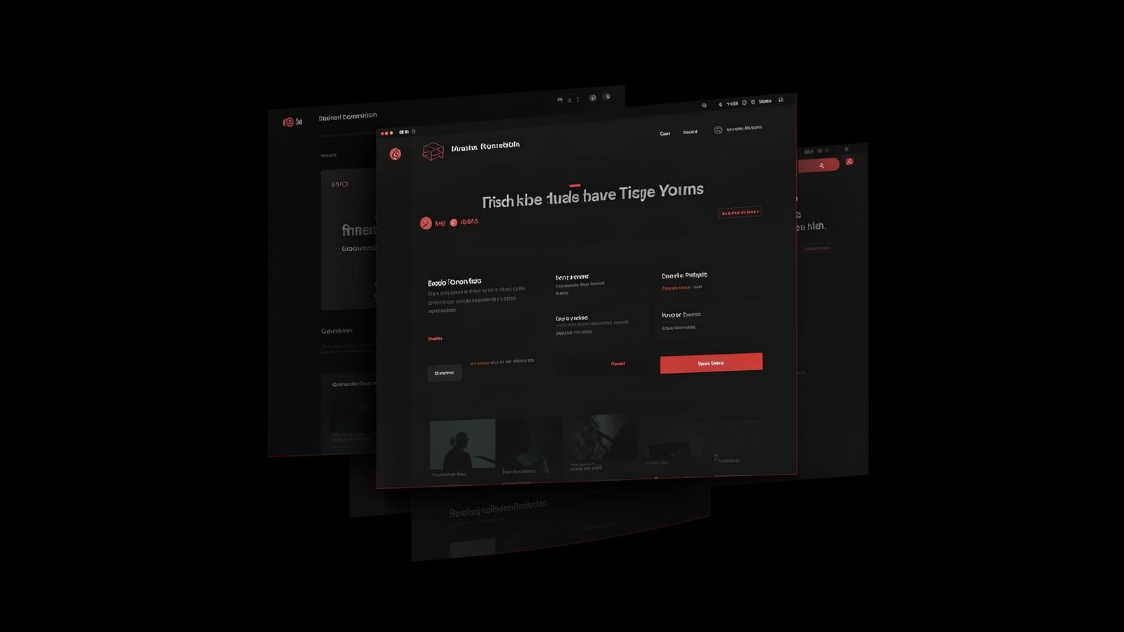 Layered dark website interface mockups with red accent details